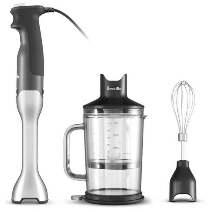 Breville Control Grip immersion blender with a sleek black handle and blending attachment, ready for kitchen mixing tasks.