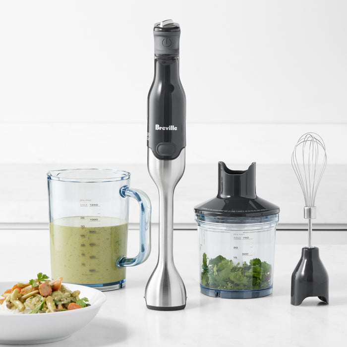 Breville Control Grip immersion blender with ergonomic handle and stainless steel blending shaft, ideal for smoothies and soups.