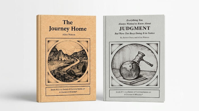 A promotional graphic for a book bundle titled 'THE JOURNEY HOME BUNDLE' on a light background. Two book covers are shown side by side: 'The Journey Home' by Allen Watson in a tan cover with a black illustration, and 'JUDGMENT' by Robert Perry and Allen Watson in a light gray cover with a black illustration.