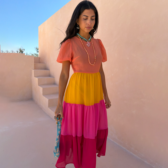 Tiered Orange and Pink Abigail Dress Petite with a sheer bodice and tiered colour-block skirt for summer.
