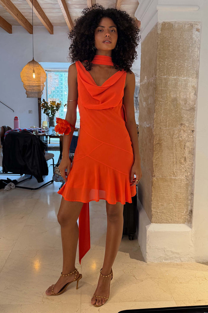 Red Tomato Mini Sophie Dress featuring a cowl neckline and detachable scarf for multi-wear styling.