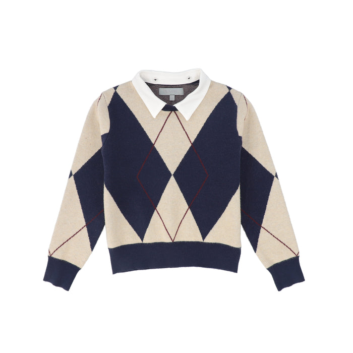 top l/s argyle knit collared sweater - navy