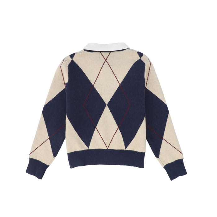 top l/s argyle knit collared sweater - navy