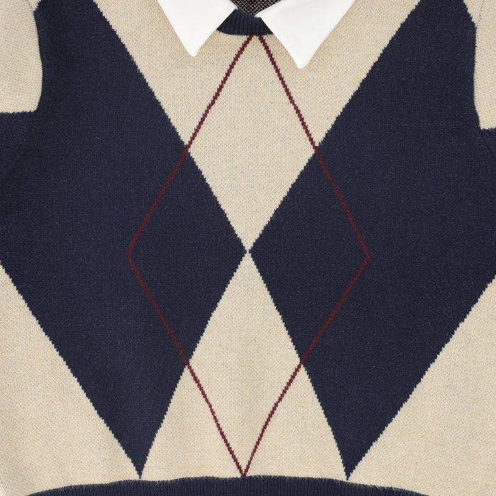 top l/s argyle knit collared sweater - navy