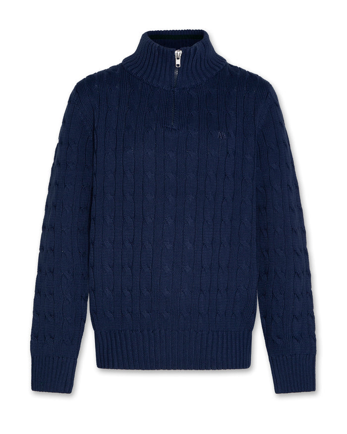 top l/s cable knit quarter zip sweater - denim blue