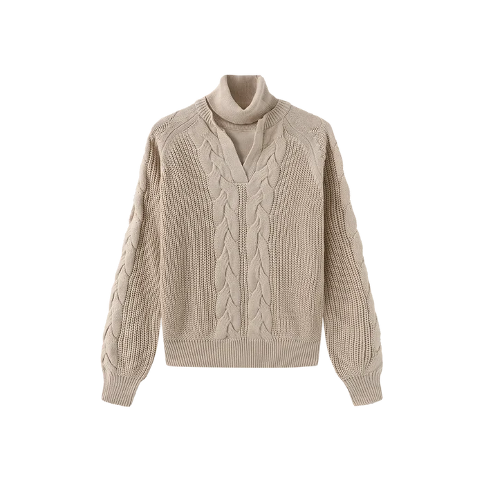 top l/s chunky cable knit sweater with attached turtleneck - oatmeal
