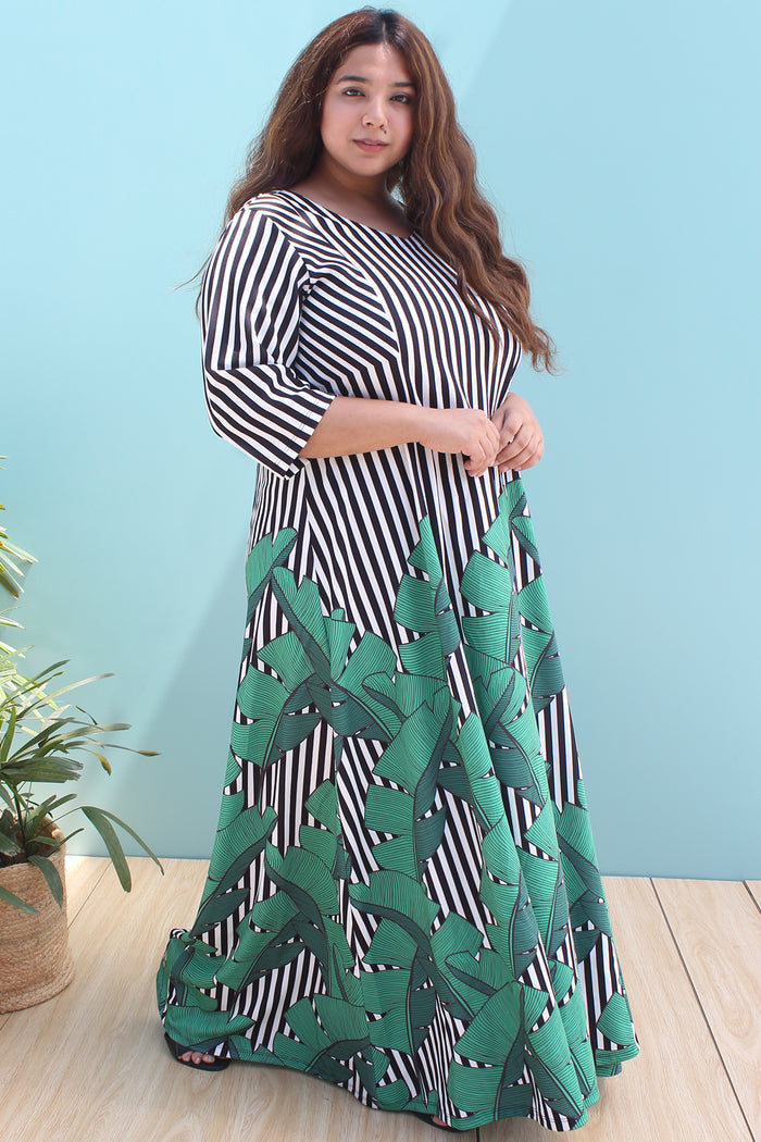 Tropical Leaf Stripe Printed Maxi Dress