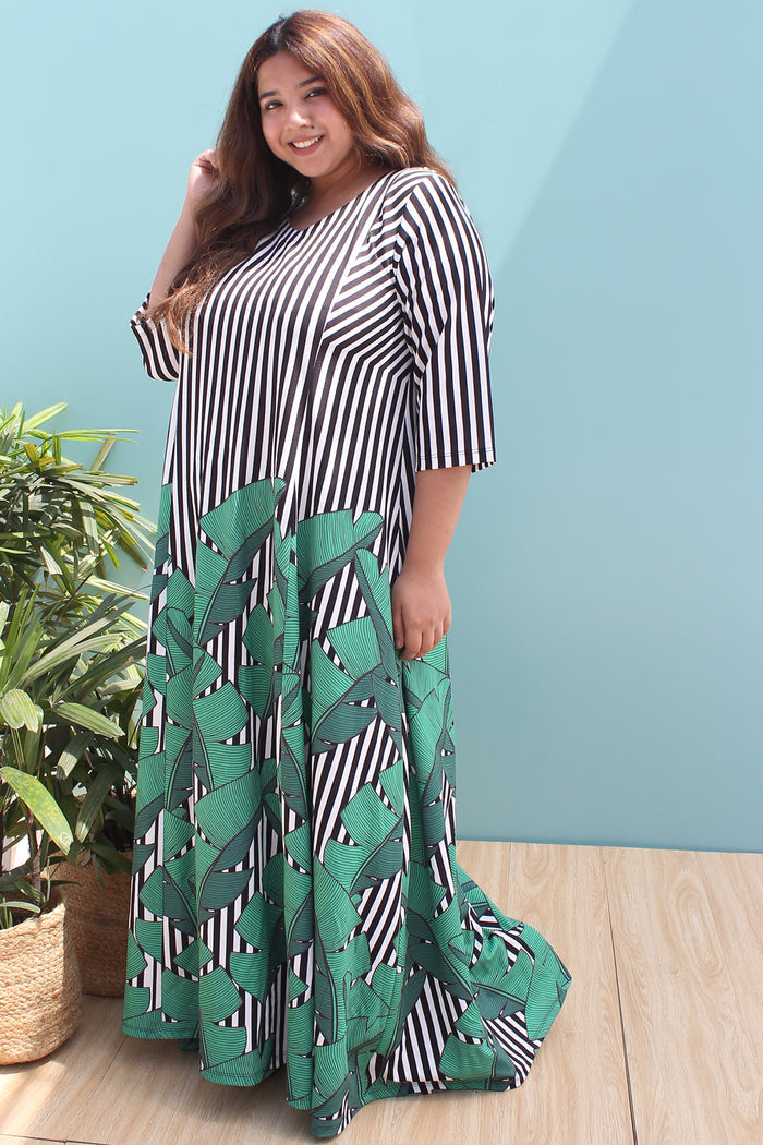 Tropical Leaf Stripe Printed Maxi Dress