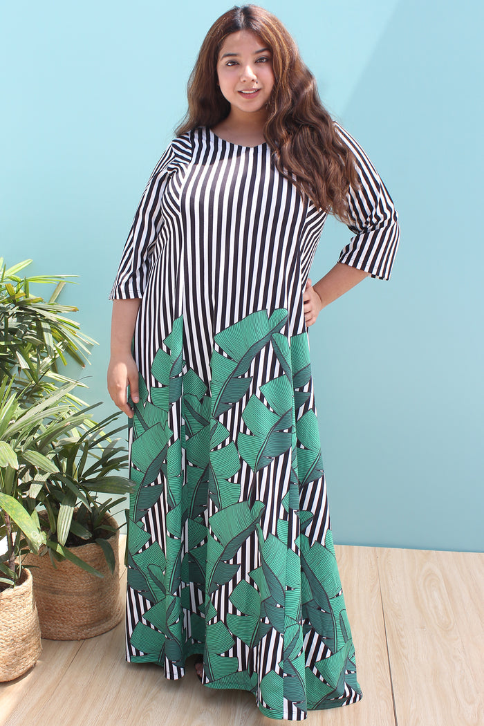 Tropical Leaf Stripe Printed Maxi Dress