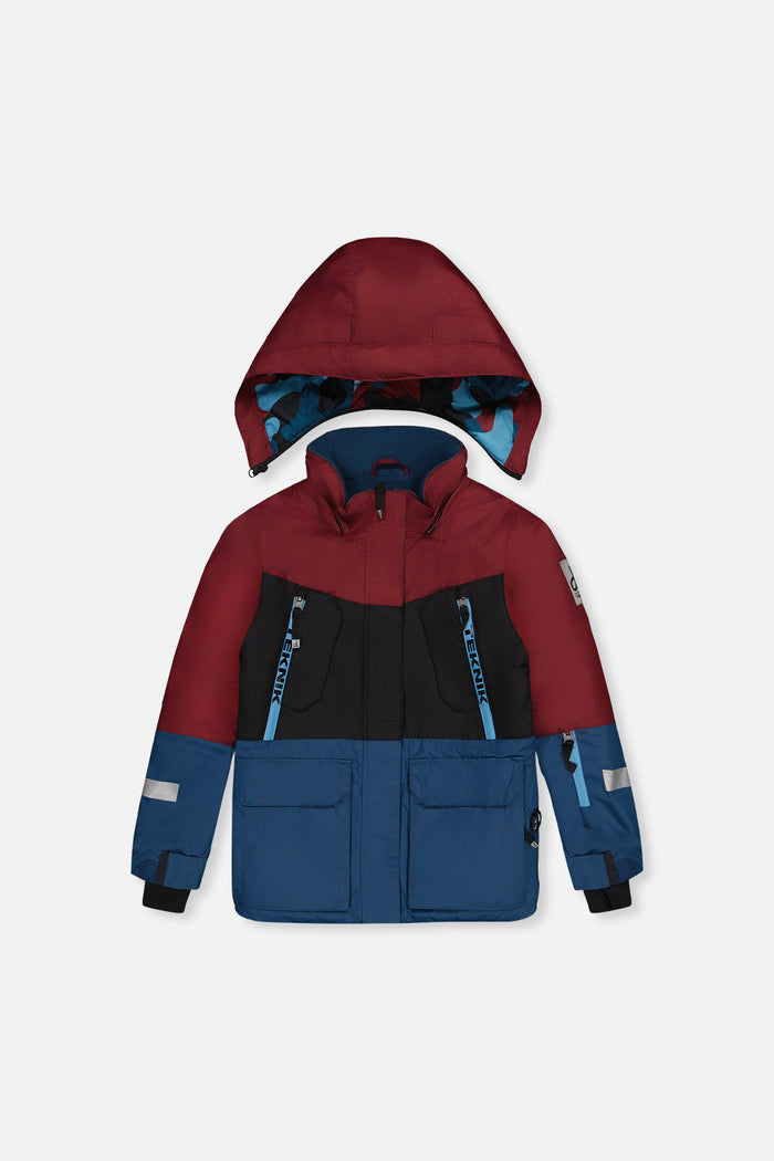Burgundy, black and blue Deux par Deux TEKNIK jacket with hood, front view