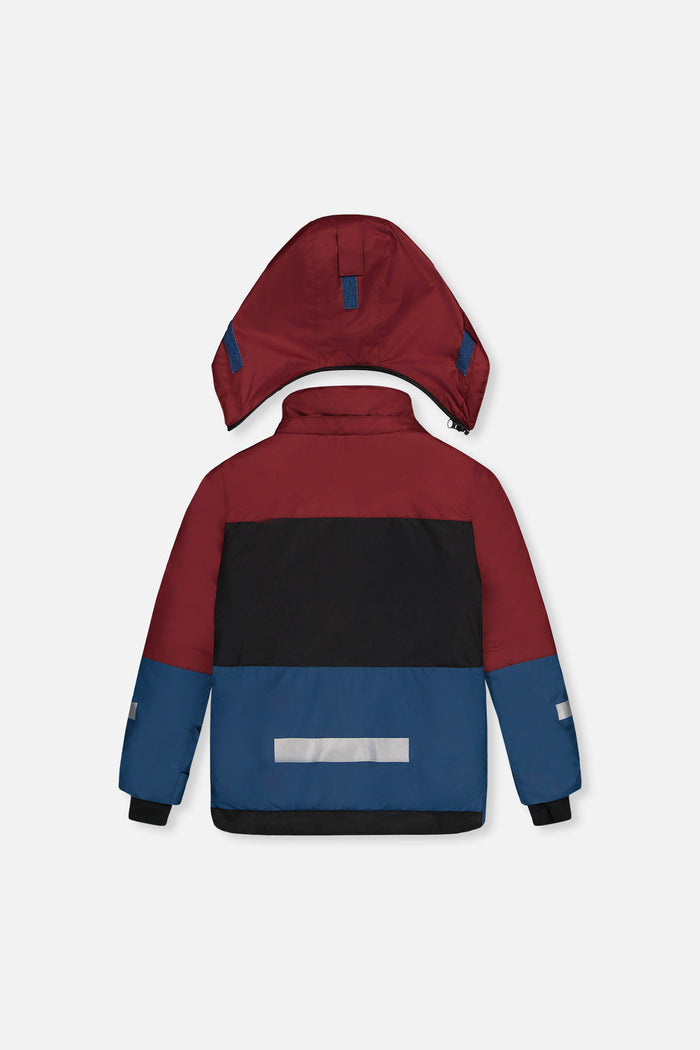 Burgundy, black and blue Deux par Deux TEKNIK jacket with reflective strip, back view