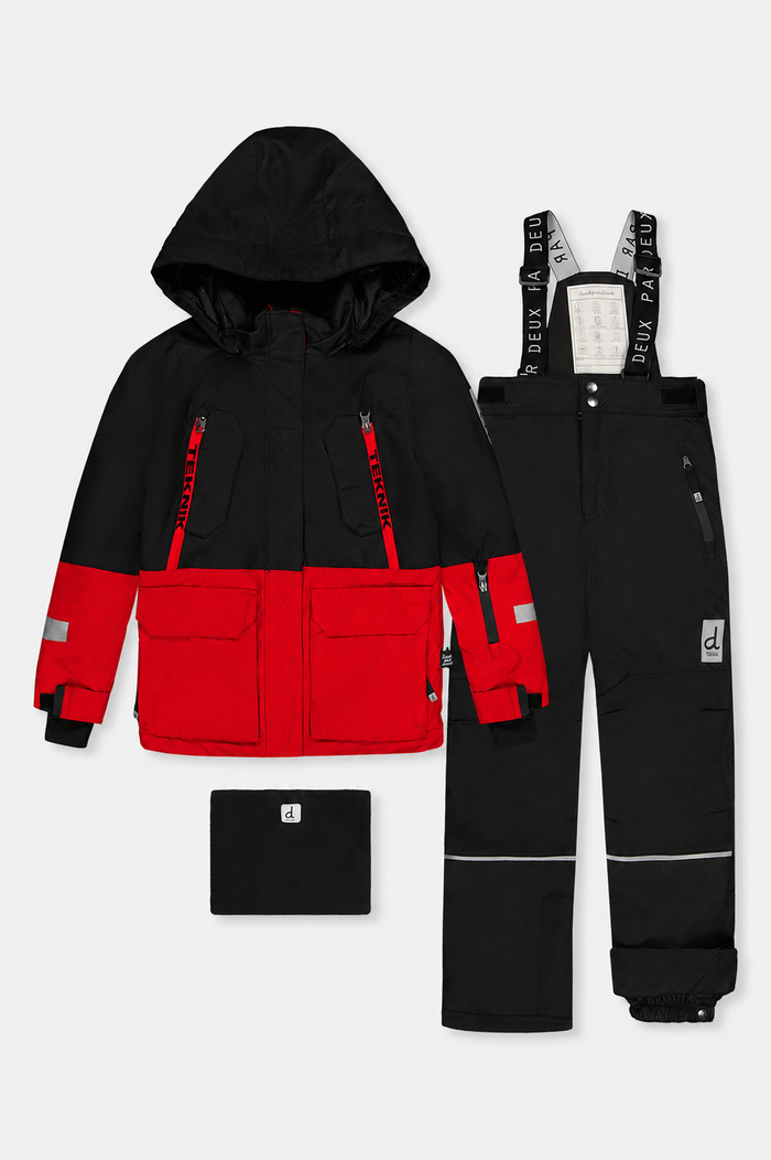 Deux par Deux TEKNIK two-piece snowsuit: red and black jacket, black snow pants and neck warmer, front view