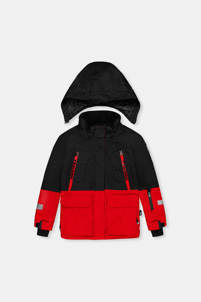Red and black Deux par Deux TEKNIK jacket with hood, front view