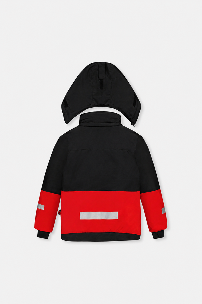 Red and black Deux par Deux TEKNIK jacket with reflective strip, back view