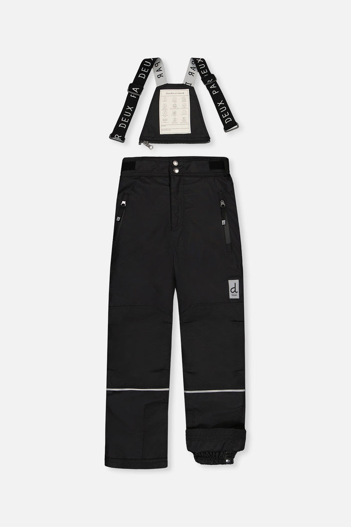 Black Deux par Deux TEKNIK snow pants with suspenders and reflective strips, front view