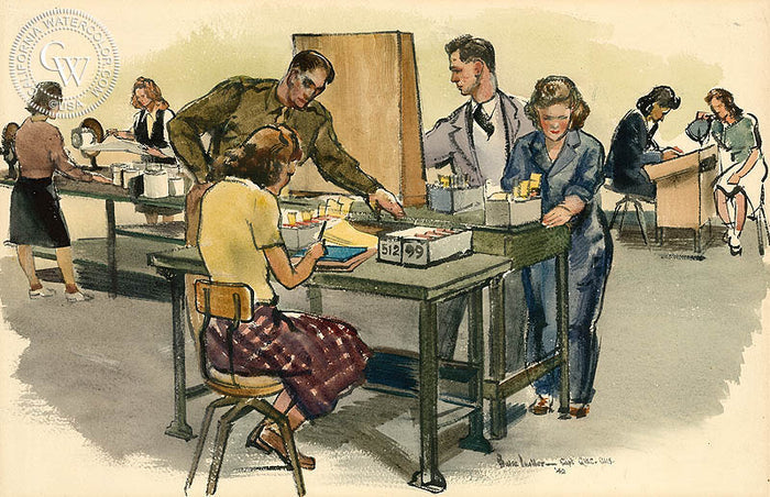 V-Mail Operations, Airgraph Department V, 1942, watercolor painting by Barse Miller (American art). Original painting and fine art giclée reproduction by California Watercolor for wall decor.