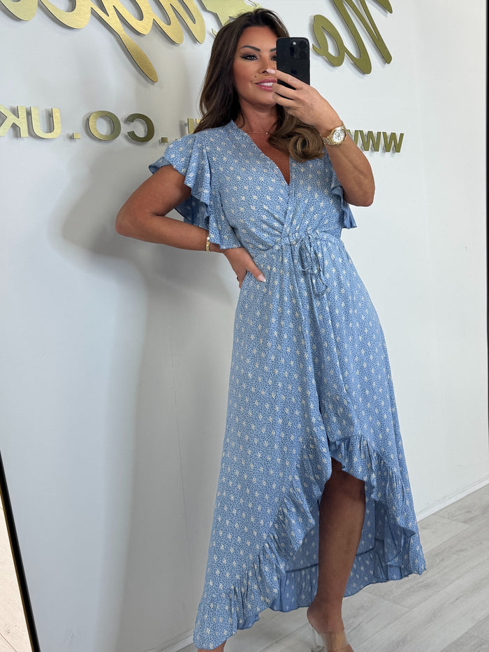 V-Neck High Low Flower Print Ruffle Sleeve Dress ( 2 Colours)
