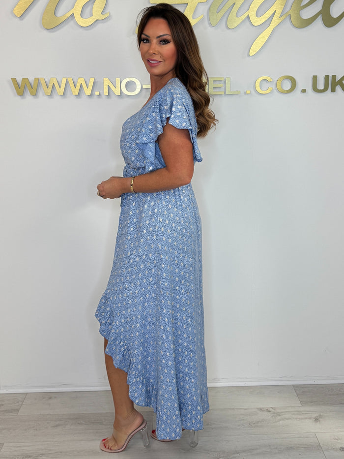 V-Neck High Low Flower Print Ruffle Sleeve Dress ( 2 Colours)