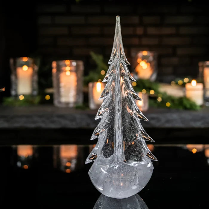 Simon Pearce Vela Evergreen 12-inch holiday décor with 16 green trees, perfect for festive winter decorating.
