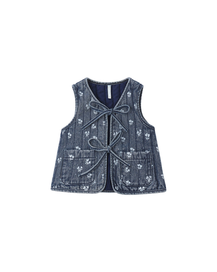 vest denim heart ditsy quilted with bow ties - indigo