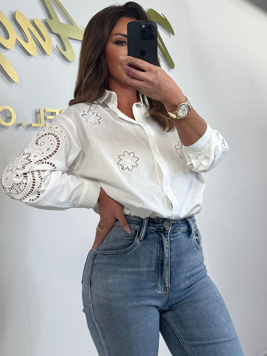White Laser Cut Flower Pattern Collared Shirt
