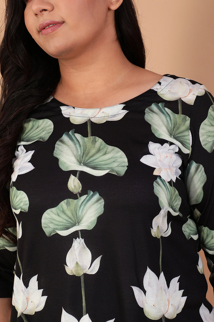 White Lotus Black Printed Kurta