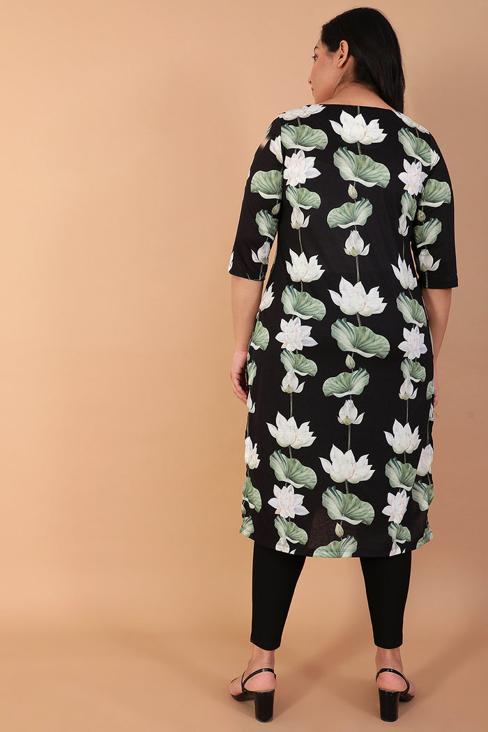 White Lotus Black Printed Kurta
