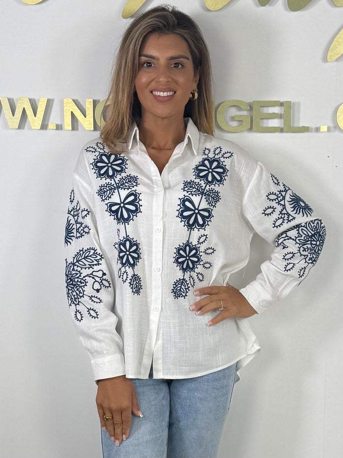 White Navy Flower Embroidered Linen Button Up Shirt