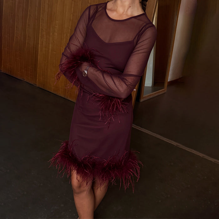 Wine Mesh Feather Mini Dress in burgundy featuring sheer sleeves and detachable feather trims at the hem and cuffs.