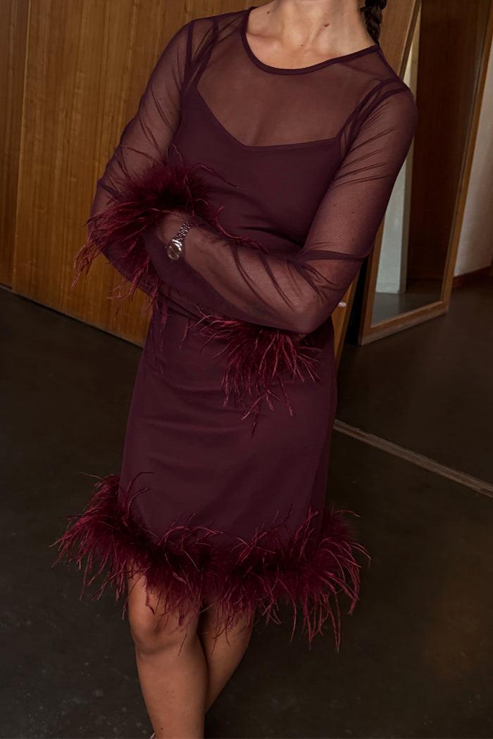 Wine Mesh Feather Mini Dress in burgundy with mesh sleeves and detachable feather trims at the cuffs and hem.