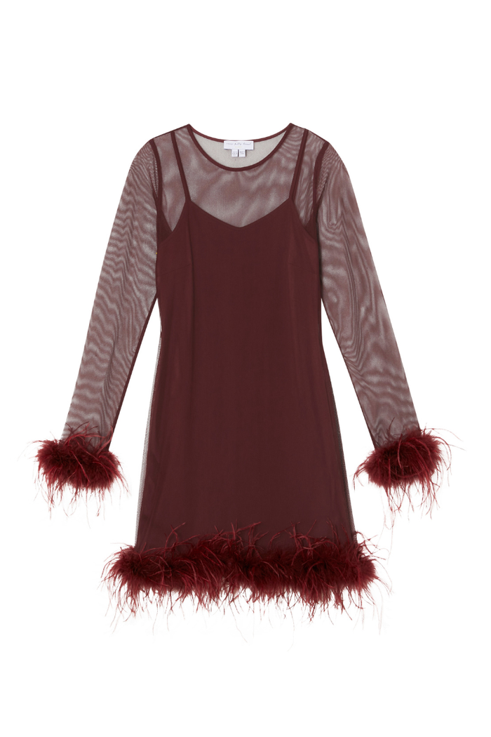 Wine Mesh Feather Mini Dress with long sheer sleeves and detachable feather trims at the cuffs and hem.