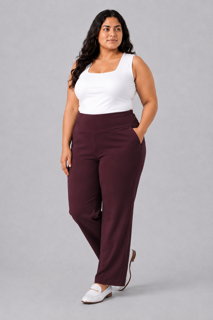 Wine Tummy Shaping Wide Straight Pants