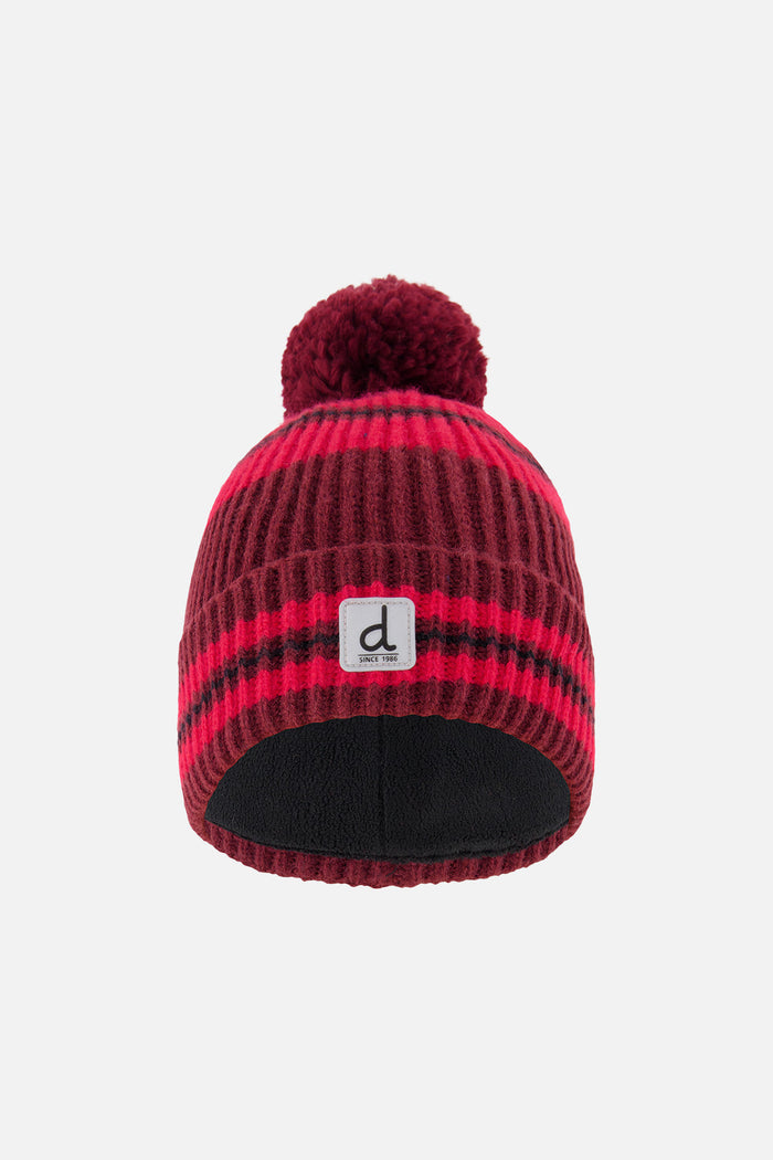 Deux par Deux boys' burgundy striped pompom hat – front view
