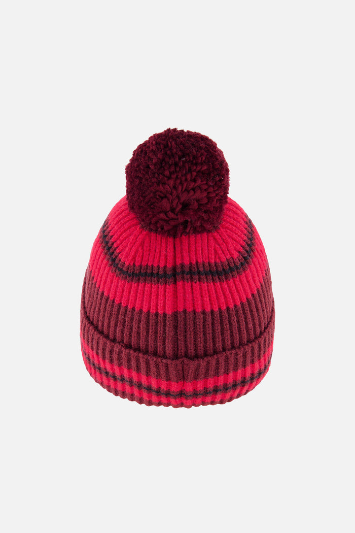 Deux par Deux boys' burgundy striped pompom hat – back view