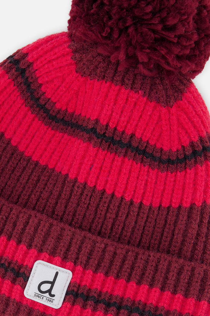 Deux par Deux boys' burgundy striped pompom hat – alternate view
