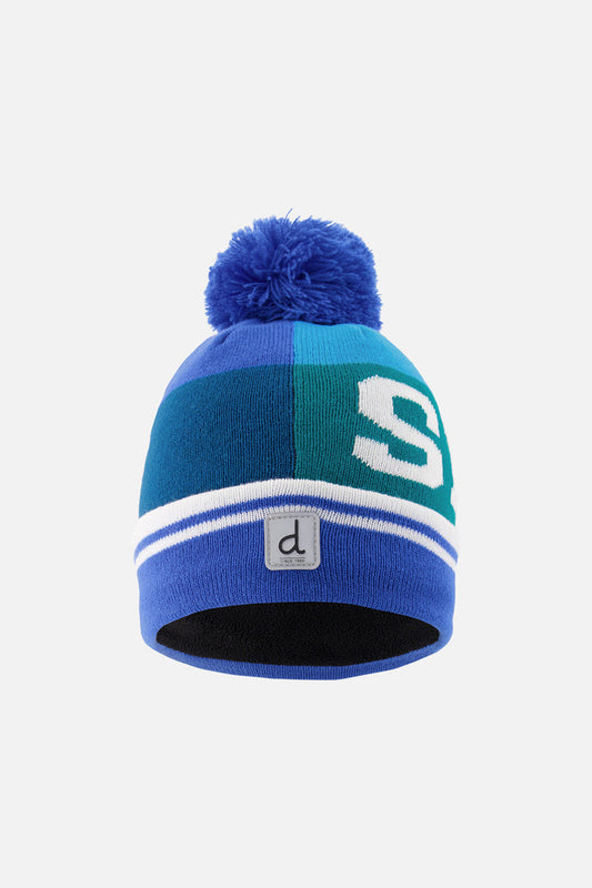 Deux par Deux boys' ski-lettering pompom hat in dark blue and turquoise – front view