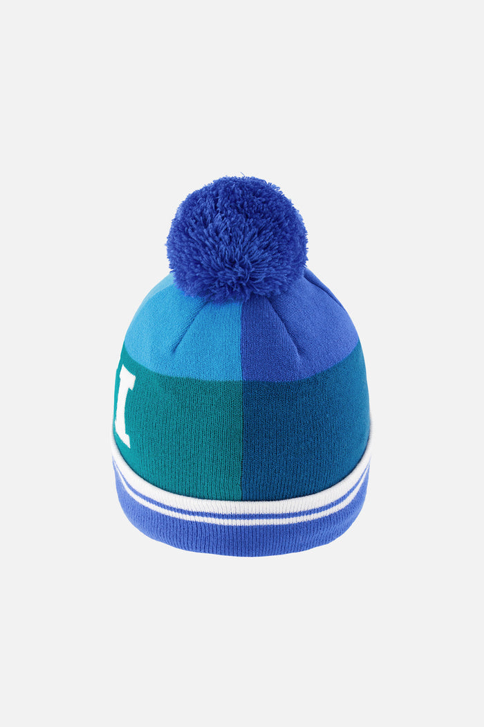 Deux par Deux boys' ski-lettering pompom hat in dark blue and turquoise – back view