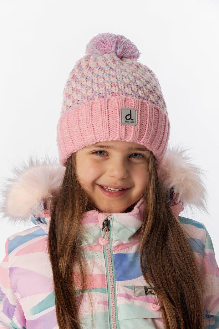Deux par Deux kids' knit pompom hat, dusty pink and light blue – worn by a child