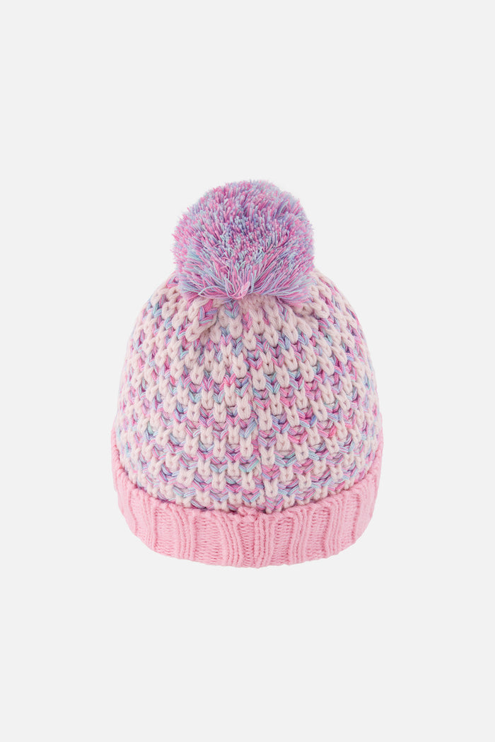 Deux par Deux kids' knit pompom hat, dusty pink and light blue – back view