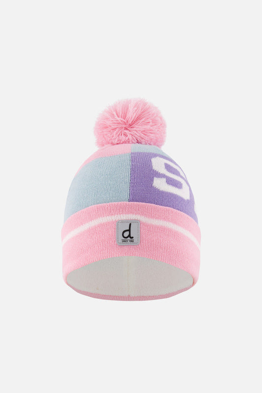 Deux par Deux girls' ski-lettering pompom hat in light blue and light pink – front view