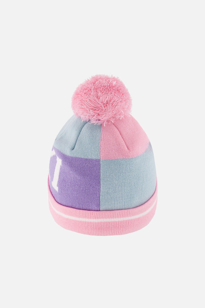 Deux par Deux girls' ski-lettering pompom hat in light blue and light pink – back view