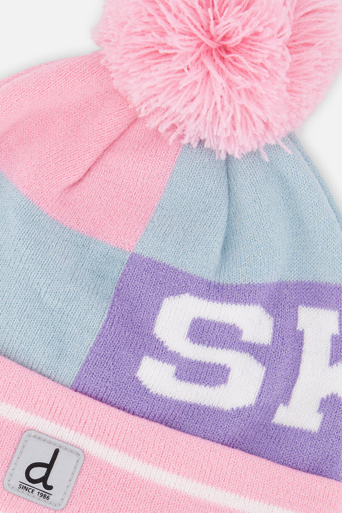 Deux par Deux girls' ski-lettering pompom hat in light blue and light pink – alternate view
