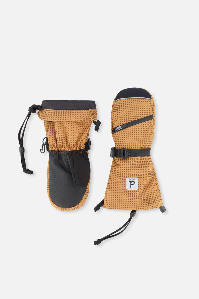 Deux par Deux Teknik kids' mittens in brown with dots and mountains print – front view