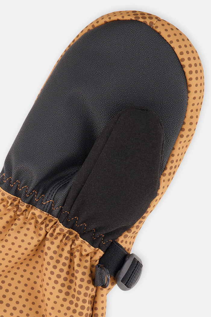 Deux par Deux Teknik kids' mittens in brown with dots and mountains print – palm close-up