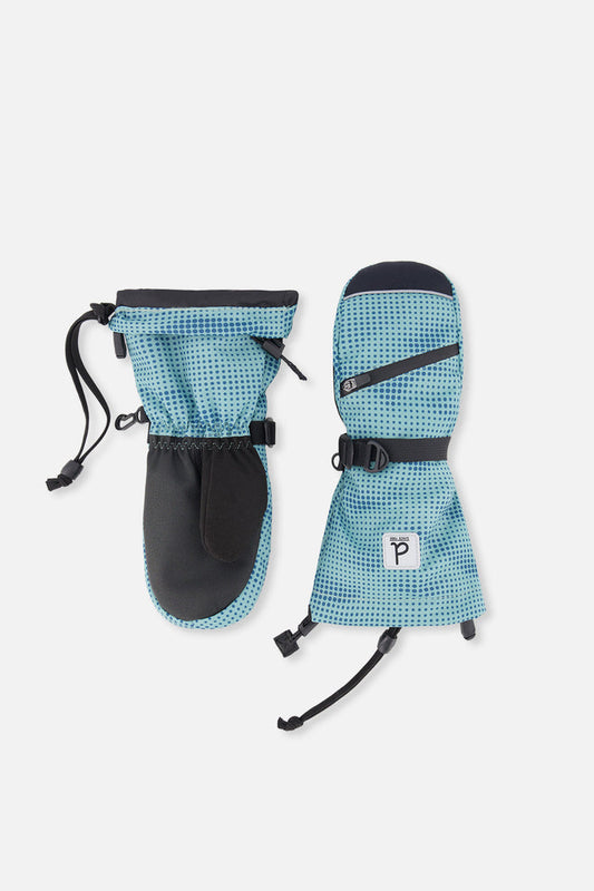 Deux par Deux Teknik kids' mittens, greyish blue with teal dots and mountains – front view
