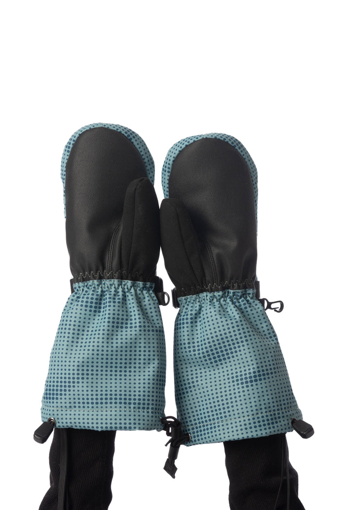 Child wearing Deux par Deux Teknik kids' mittens in greyish blue, palm side