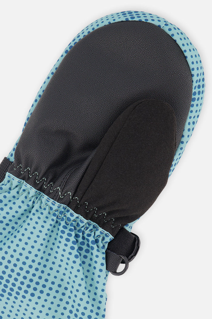 Deux par Deux Teknik kids' mittens, greyish blue with teal dots and mountains – palm close-up