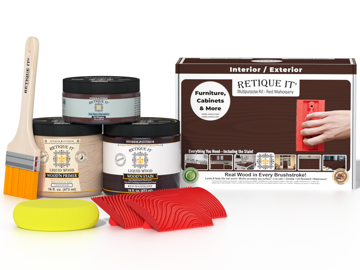 Multi-purpose Wood'n Kit in Red Mahogany by Retique It for wood finishing, includes brushes and applicators in a compact kit.