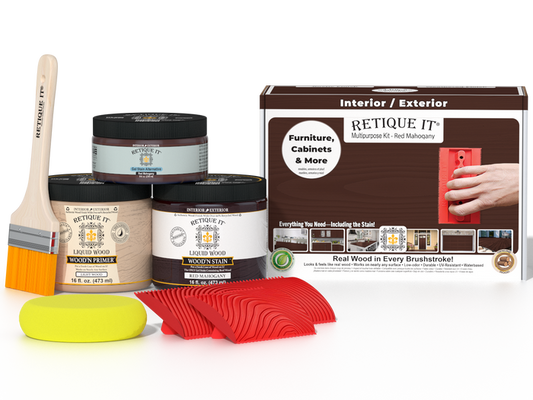 Multi-purpose Wood'n Kit in Red Mahogany by Retique It for wood finishing, includes brushes and applicators in a compact kit.
