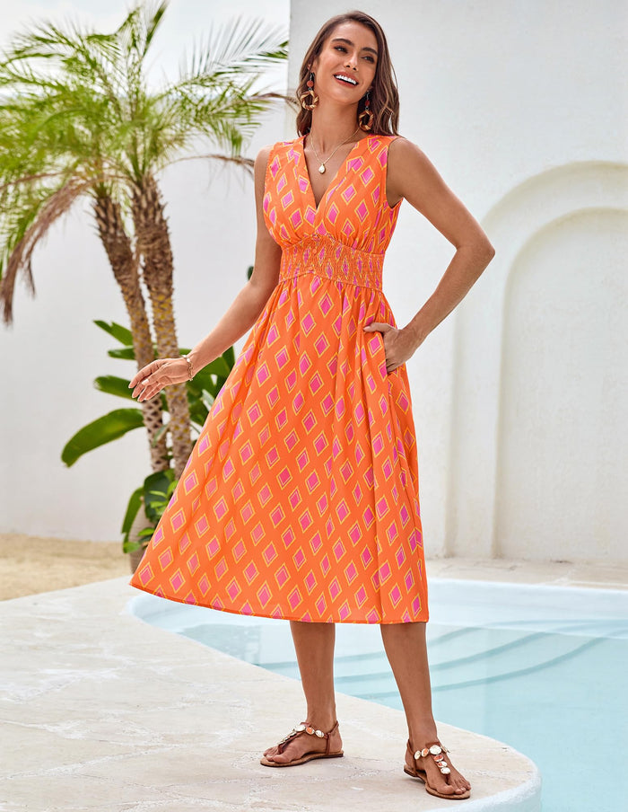 Women Casual Printed Dress Trendy Beach Dress with High Waist and Pockets Beach Orange Diamond L